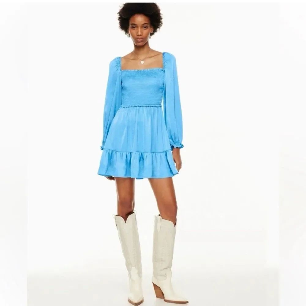 Aritzia Wilfred Tempest Satin Smocked Mini Dress Blue M Long Sleeve Babydoll